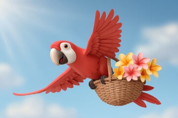 Tropical parrot carrying a basket with flowers