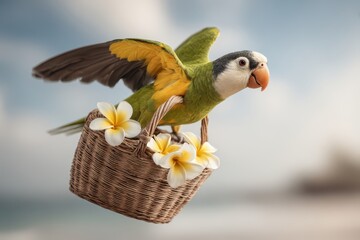 Tropical parrot carrying a basket with flowers
