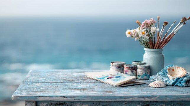 A serene coastal scene featuring art supplies, flowers, and a soft blue background that evokes creativity and tranquility, perfect for promoting artistic inspiration.