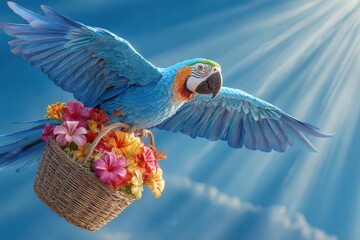Tropical parrot carrying a basket with flowers
