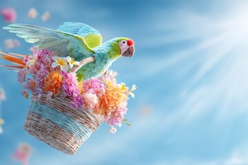 Tropical parrot carrying a basket with flowers