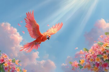 Tropical parrot carrying a basket with flowers