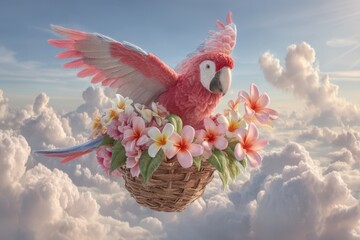Tropical parrot carrying a basket with flowers