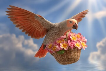 Tropical parrot carrying a basket with flowers