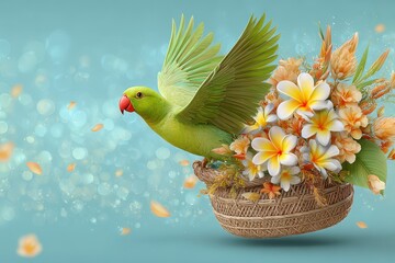 Tropical parrot carrying a basket with flowers