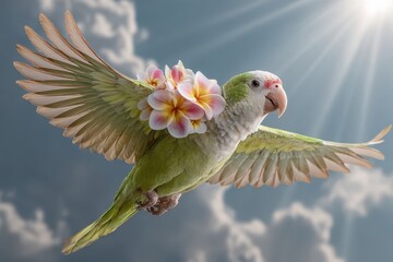 Tropical parrot carrying a basket with flowers