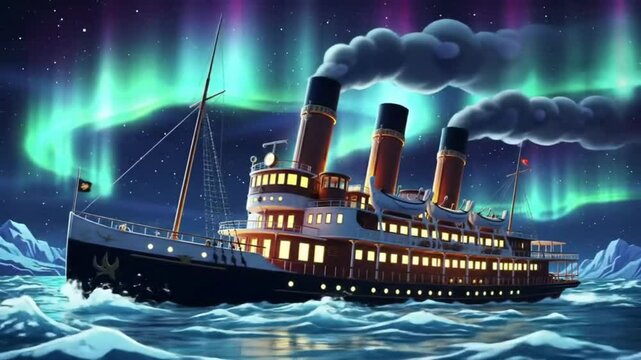 A majestic steamboat sailing under vibrant auroras at night.
