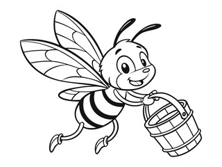 A cartoon bee is flying with a bucket of honey. Black and white vector illustration for coloring book