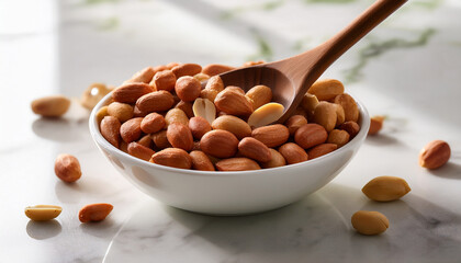 roasted peanuts in white bowl with wooden spoon on marble table