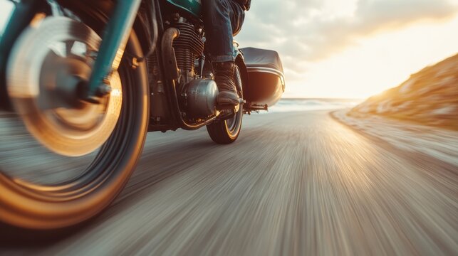 This thrilling image captures a motorcycle cruising along a picturesque coastal road, embodying freedom, adventure, and the beauty of nature at sunset.