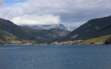The village of Reschen on Lake Reschen is set in an impressive mountain landscape.