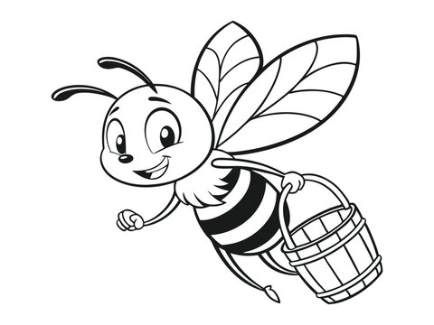 A cartoon bee is flying with a bucket of honey. Black and white vector illustration for coloring book