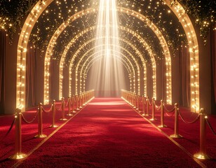Illuminated golden stage podium on plush red carpet, grand glowing arches forming 
