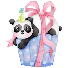 Hand-painted watercolor birthday theme panda cartoon