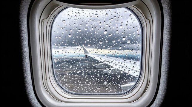 Raindrops on an airplane window, wing visible through the droplets, cloudy, gray sky, tarmac below partly visible. - Powered by Adobe