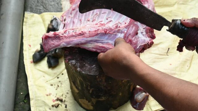 Chopping goat meat. Fresh raw or uncooked goats mutton cutting from Traditional iron tool in Indian village life. chopping goat meat into small pieces. Slow motion video. 

