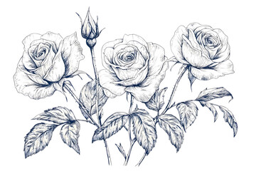 Elegant Ink Drawing: Three Roses Botanical Illustration