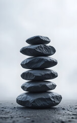 Stack of dark grey stones on a misty background