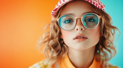 Obraz premium A close-up portrait of a stylish girl wearing oversized glasses and a colorful cap against a bright background reflects a playful and confident personality.