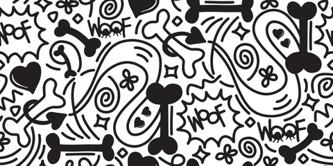 Dog Bone vector dog paw doodle Seamless pattern. Packaging paper design, pet food accessories package.