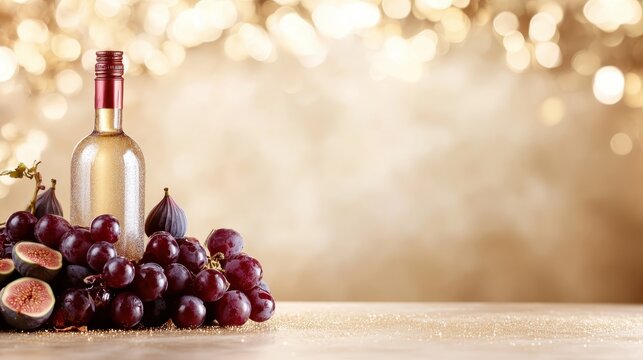 A stunning wine bottle is positioned among fresh figs and clusters of grapes, capturing the essence of luxury and a refined lifestyle in an artistic setting.