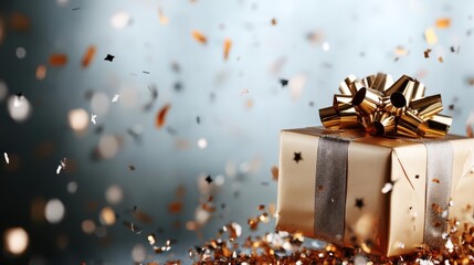 A beautifully wrapped golden gift box accented with a vibrant bow, set amidst falling confetti, embodying celebration, joy, and the excitement of giving.