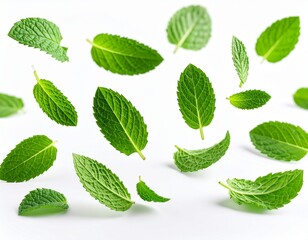 Isolated falling mint leaves with delicate shadows on white background, high resolution 