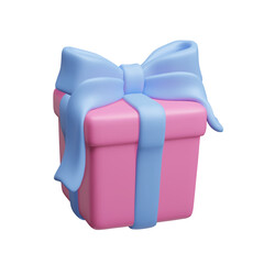 Pink birthday gift box with blue bow and ribbon 3D style vector icon. Birthday party surprise box celebration present. Win casino prize gift box 3D vector illustration. Festive reward bonus surprise.