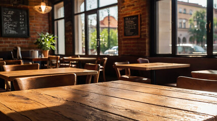 Fototapeta premium Sunlit wooden table in a cozy cafe with defocused background