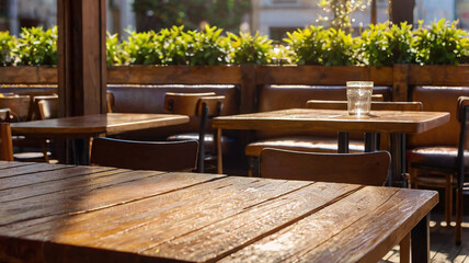 Fototapeta premium Sunlit wooden table in a cozy cafe with defocused background