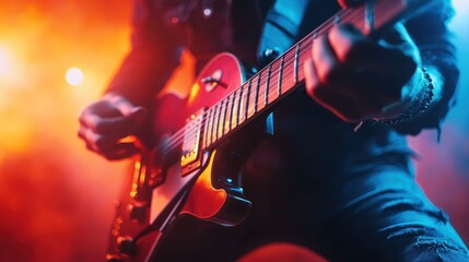 Obraz premium This image captures an electrifying moment of a guitarist playing passionately on stage amidst colorful lights, evoking the energy and excitement of live music performances.