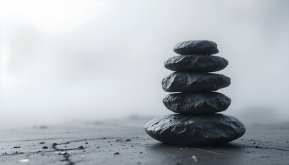 Stack of dark grey stones on foggy surface