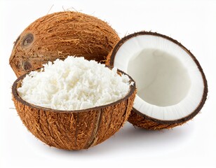 Isolated image of split coconut fruit with creamy coconut milk splash, pieces of coco