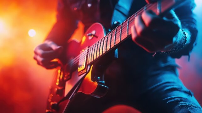 This image captures an electrifying moment of a guitarist playing passionately on stage amidst colorful lights, evoking the energy and excitement of live music performances.