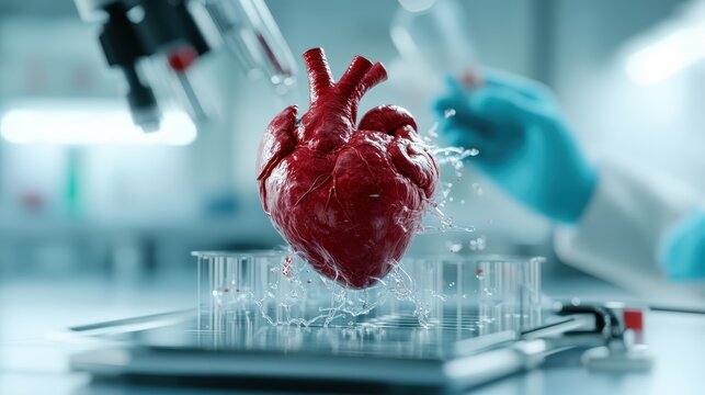A heart model is showcased against a high-tech laboratory backdrop, emphasizing scientific discovery and research in the field of medicine and biology.