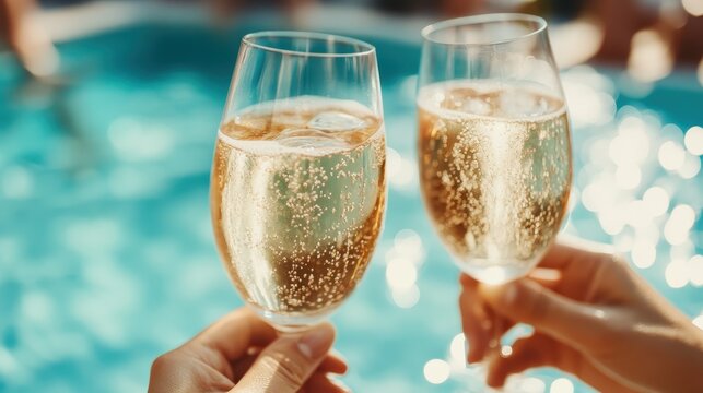 Two glasses filled with sparkling wine raised above shimmering pool water, celebrating a moment of joy and refreshment during a sunny day with friends in a relaxed atmosphere. - Powered by Adobe
