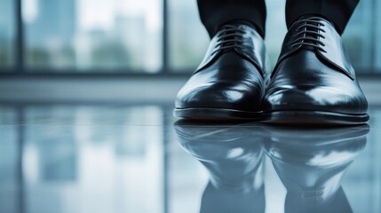 A close-up view of polished formal shoes positioned in a contemporary office environment, symbolizing professionalism and sophistication in today's corporate world.