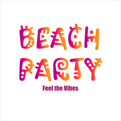 Playful and colorful “Beach Party” typography in funky gradient letters with abstract shapes – perfect for summer event posters, party flyers, or fun tropical celebration visuals.