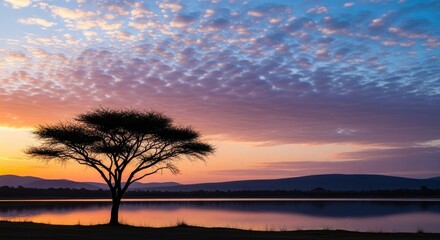 Fototapeta premium Silhouette Acacia Tree Sunset Lake Landscape Pink Purple Clouds