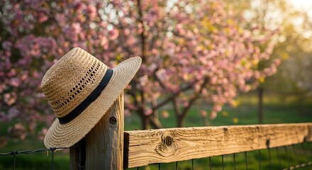 Straw Hat on Wooden Fence Post with Blooming Cherry Trees in Background