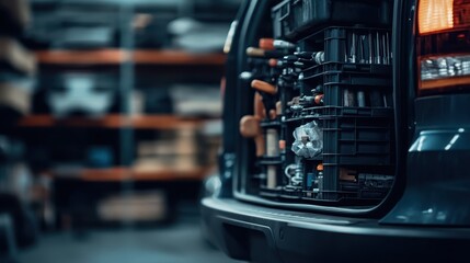 An organized toolbox within the back of a van showcases an array of tools, emphasizing efficiency and readiness for any task with a blurred warehouse background enhancing focus.