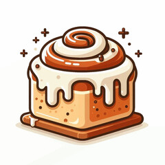 A cartoon cinnamon roll sits on a wooden board