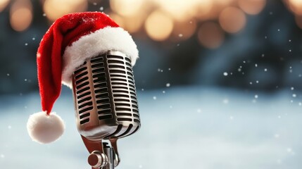 A vintage microphone adorned with a festive Christmas hat, blending the spirit of music with holiday cheer, ideal for seasonal promotions and festive events.