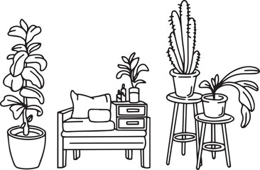 Cozy Living Room Vector Outline Minimalist Line Art of Sofa, Plants in Vase & Home Interior
