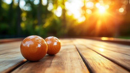 The image features two polished orange balls resting on a wooden surface with a soft focus background, illuminated beautifully by the warm glow of sunlight, evoking tranquility.