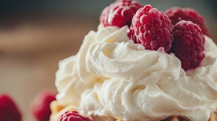 A luscious dessert featuring a generous amount of whipped cream and fresh raspberries, exuding sweetness and vibrancy, perfect for food lovers and dessert enthusiasts alike.