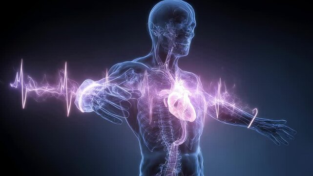 Medical visualization revealing glowing electrical impulses coursing through transparent human anatomy, focusing on intricate cardiovascular system and heart functionality