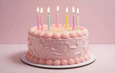Pink birthday cake with lit candles and sprinkles