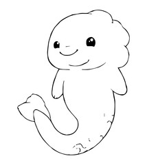 A cartoon creature with a head like a cloud and a fishlike tail smiles innocently