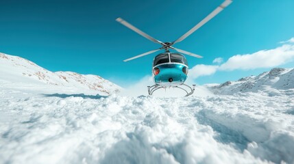 Obraz premium A striking blue helicopter hovers majestically over a pristine snowy landscape amidst breathtaking mountains, showcasing nature's grandeur and technological brilliance.